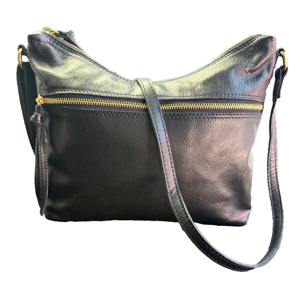 Margot NY Mary Scoop Black Leather Shoulder Bag Medium Double Zip Gold Hardware